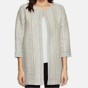 Bobeau Cotton Jacket Womens Size S Ivory Geometric Open Front 3/4 Sleeve